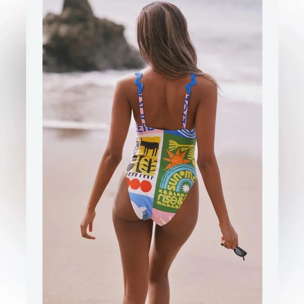 Anthropologie Anisa Makhoul Patchwork One-Piece Swimsuit Size Large - Picture 2 of 9